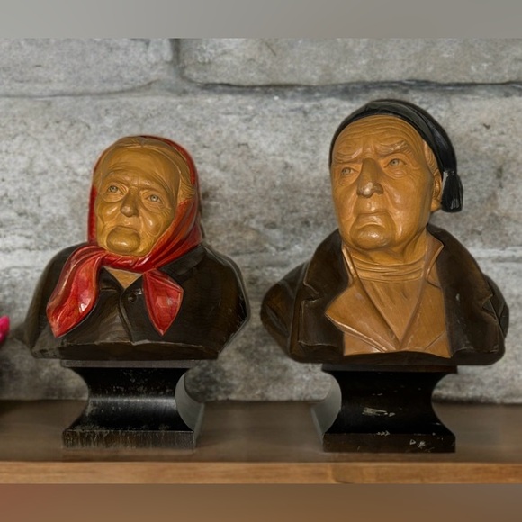 Vintage LARGEWooden Busts Elderly Man& Woman by Swiss Artist Hans Huggler Wyss